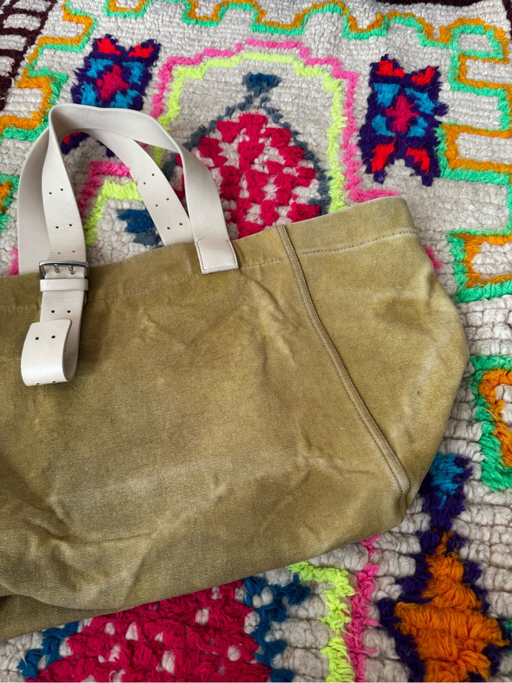 Zara Olive Canvas Tote Bag‎ Cream Buckle Strap - Picture 7 of 9